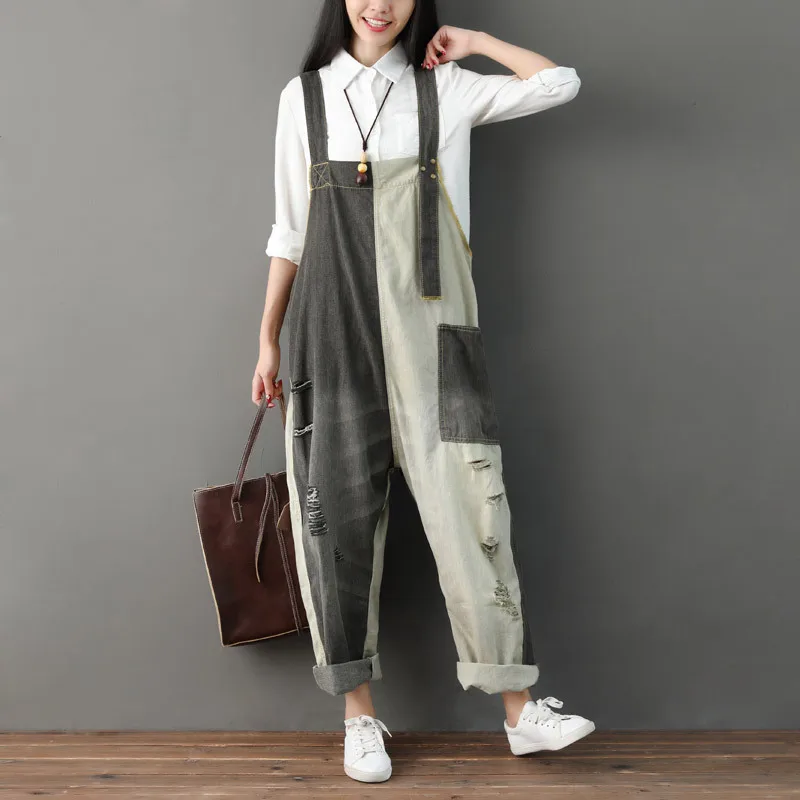 Women's Large Size Denim Rompers 2023 Spring Summer Patchwork Jean Jumpsuits New Casual Hole Wide Leg Bib Loose Cowboy Overalls