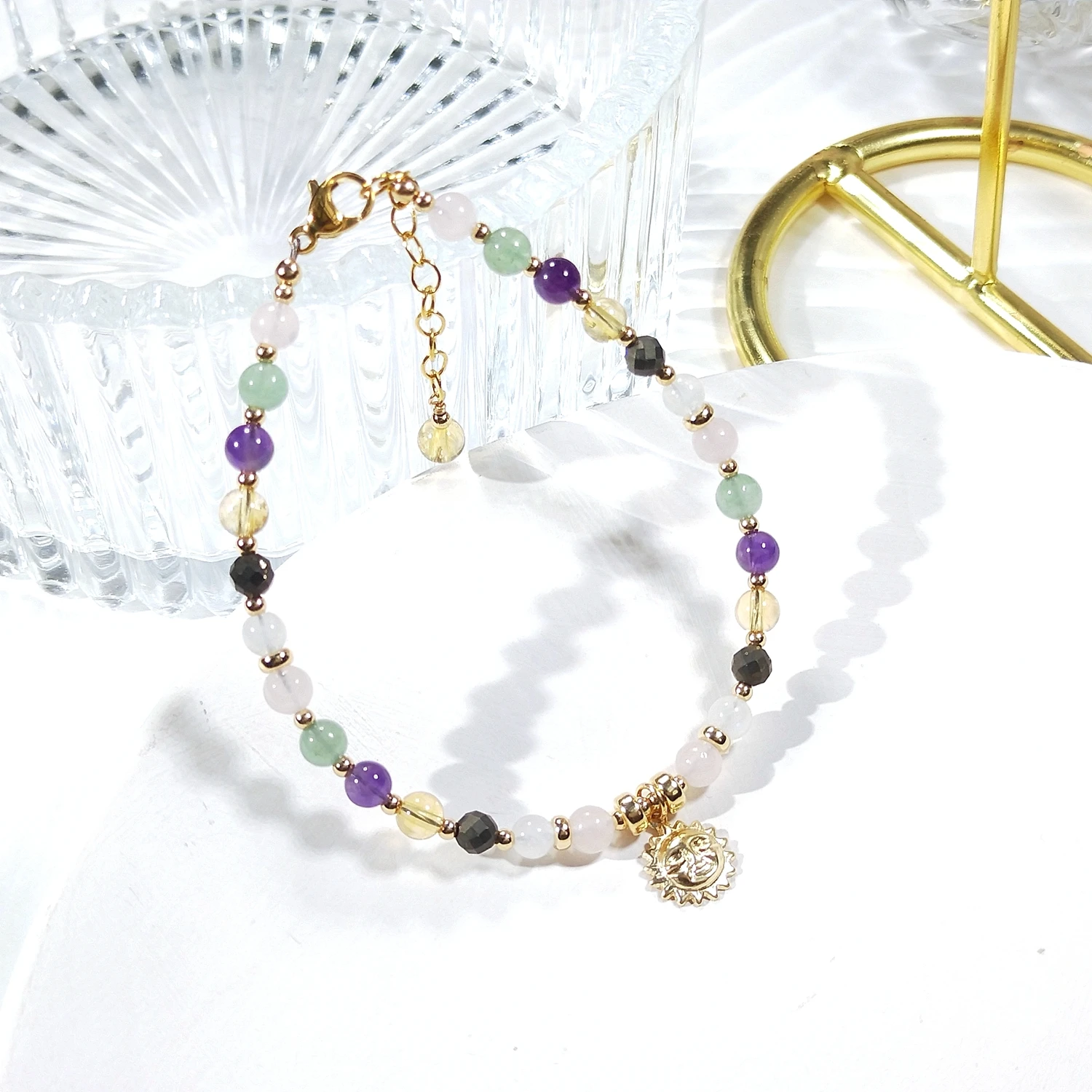 Lii Ji Mix Rose Quartz Green Aventurine Citrine Moonstone Pyrite 4mm American 14K Gold Filled Handmade Bracelet