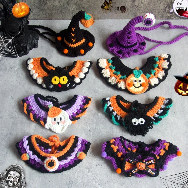 Halloween Handwoven Yarn Pet Scarf Bib Collar Drool Towel for Cat Dog Funny Cosplay Outfit Ghost Festival Party Supplies