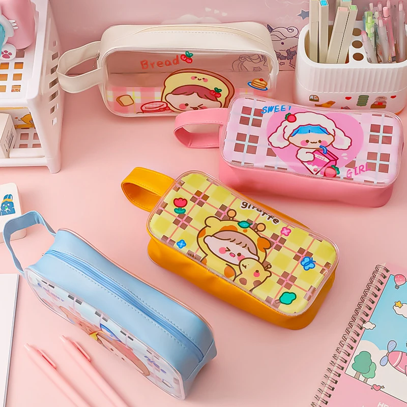 Cute Sweetheart PVC Handheld Pen Case Storage Stationery Bag Simple Pencil Box Transparent Large Capacity Pencil Case Kids Gift