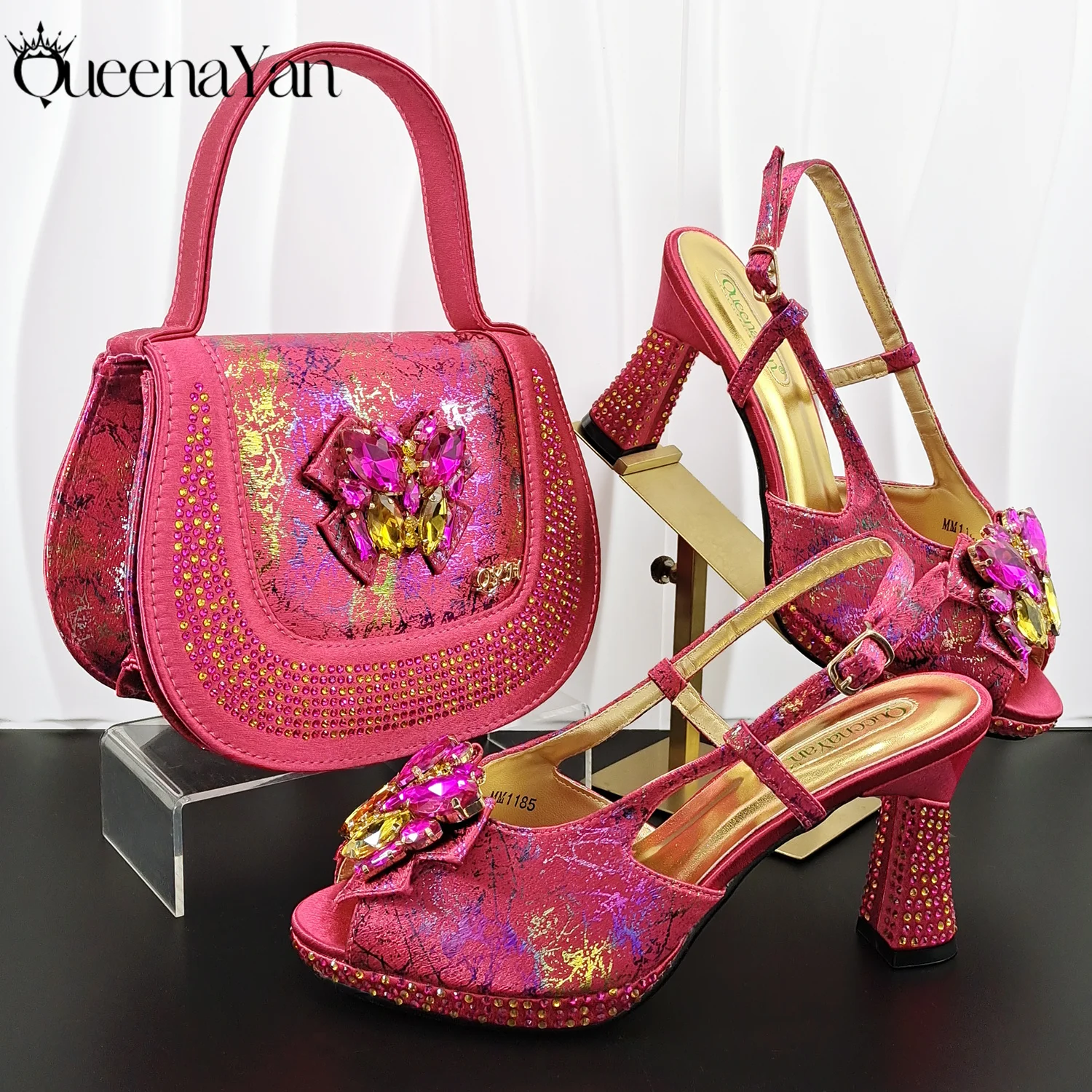 Print Design Mature Style Fuchsia Color Essential for Banquets, Exquisite HandBag with Sexy High-Heeled Peep Toe Lady Shoes