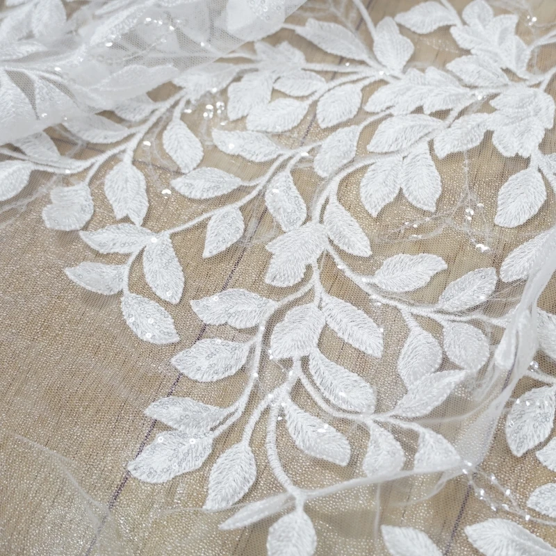 1 Yard Chic Leaf clear Sequins Embroidery Leaf Bridal Applique lace fabric Mesh For Birthday Dress, Ball Gown, Costume Design