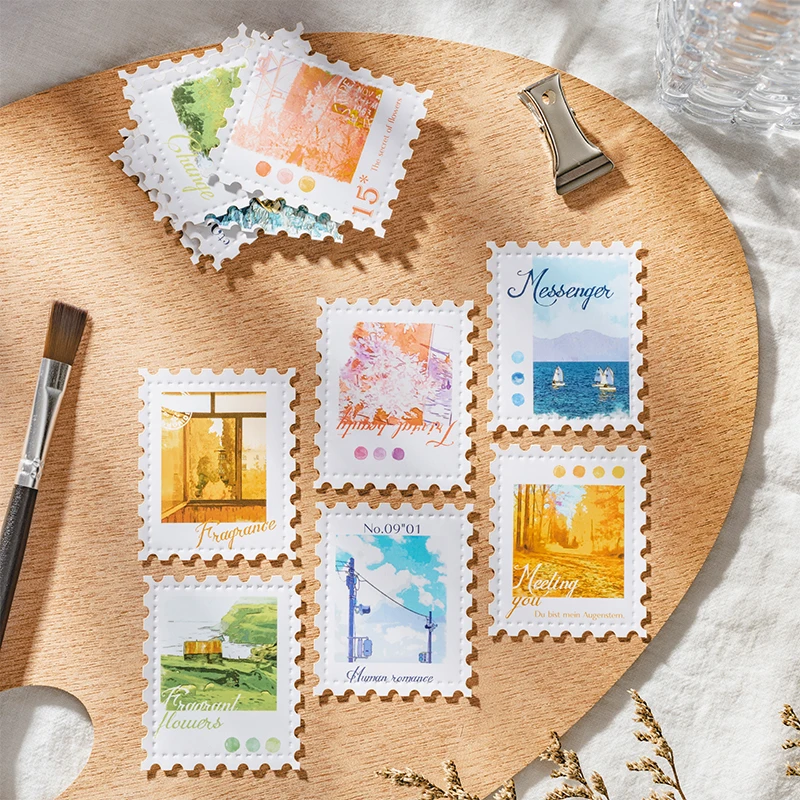 Journal GO 30pcs Oil Painting Stamp Sticker Literary Scenery Landscaping Material Collage Creative Journal Scrapbooking Label