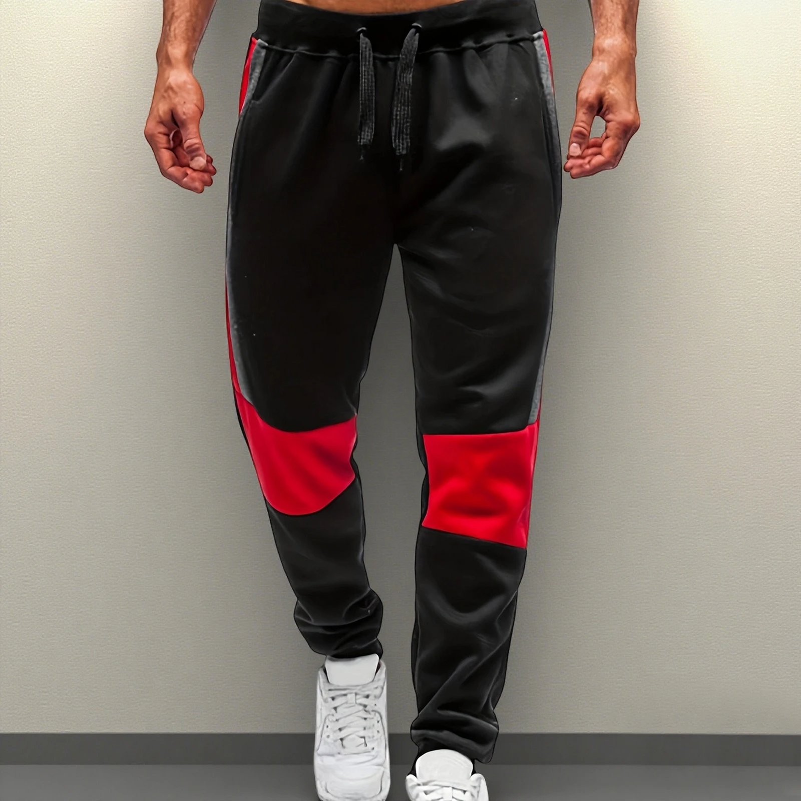 

Men's Drawstring Pants with Pockets Stylish Patchwork Mid Rise Leg Trousers Breathable Casual Sweatpants for Spring/Autumn