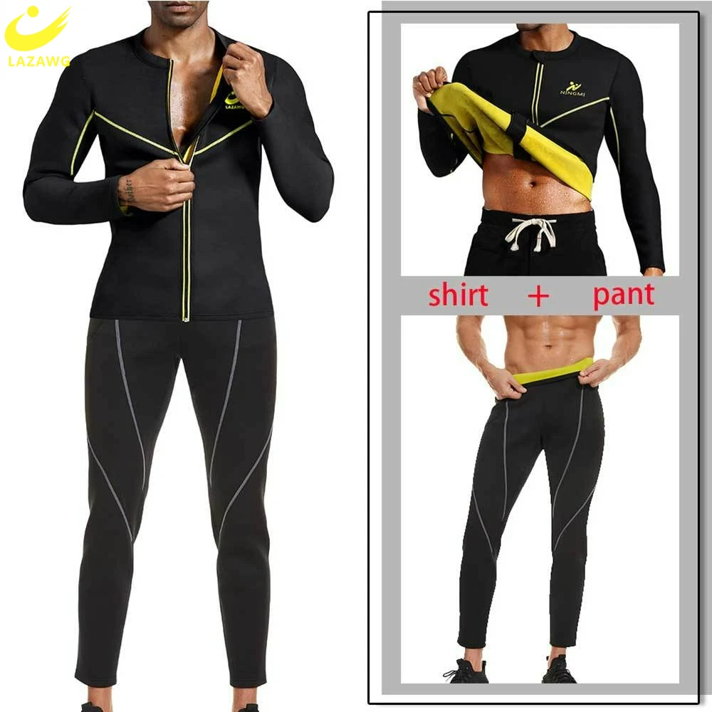 

LAZAWG Mens Sauna Suit Sweat Jacket Pants Slimming Long Sleeve Top Neoprene Weight Loss Set Workout Fitness Sport Fat Burner