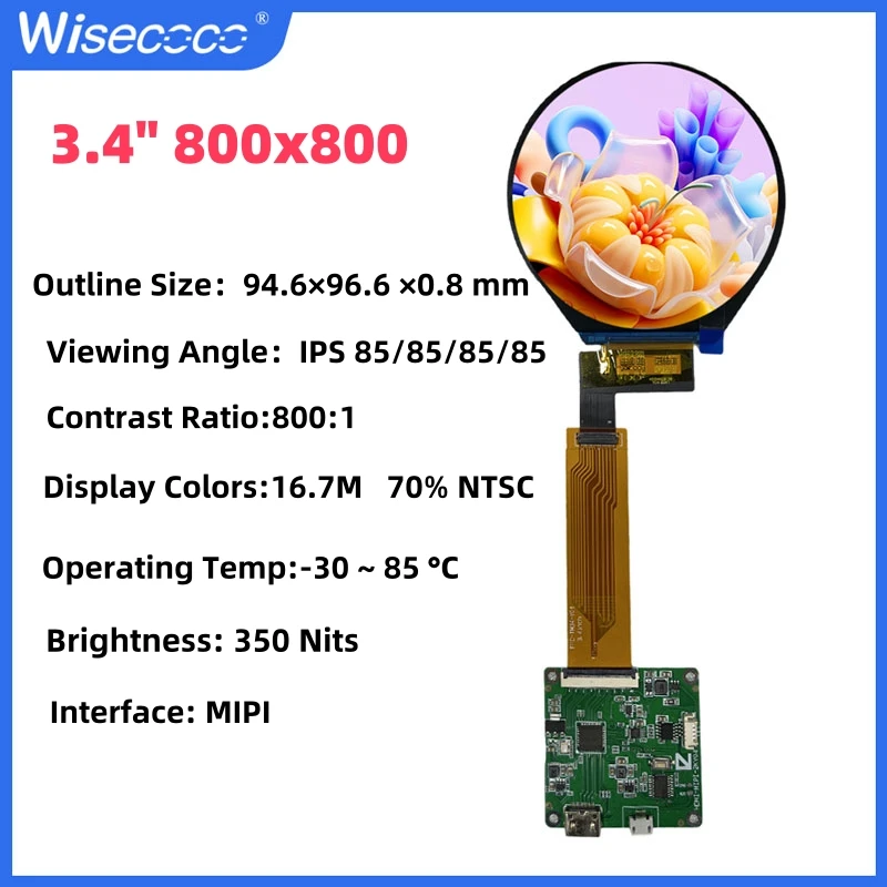 3.4 inch Round Screen Wisecoco TFT LCD Module Circular IPS Display 800*800 MIPI Interface Drive Board For lnstruments Meters