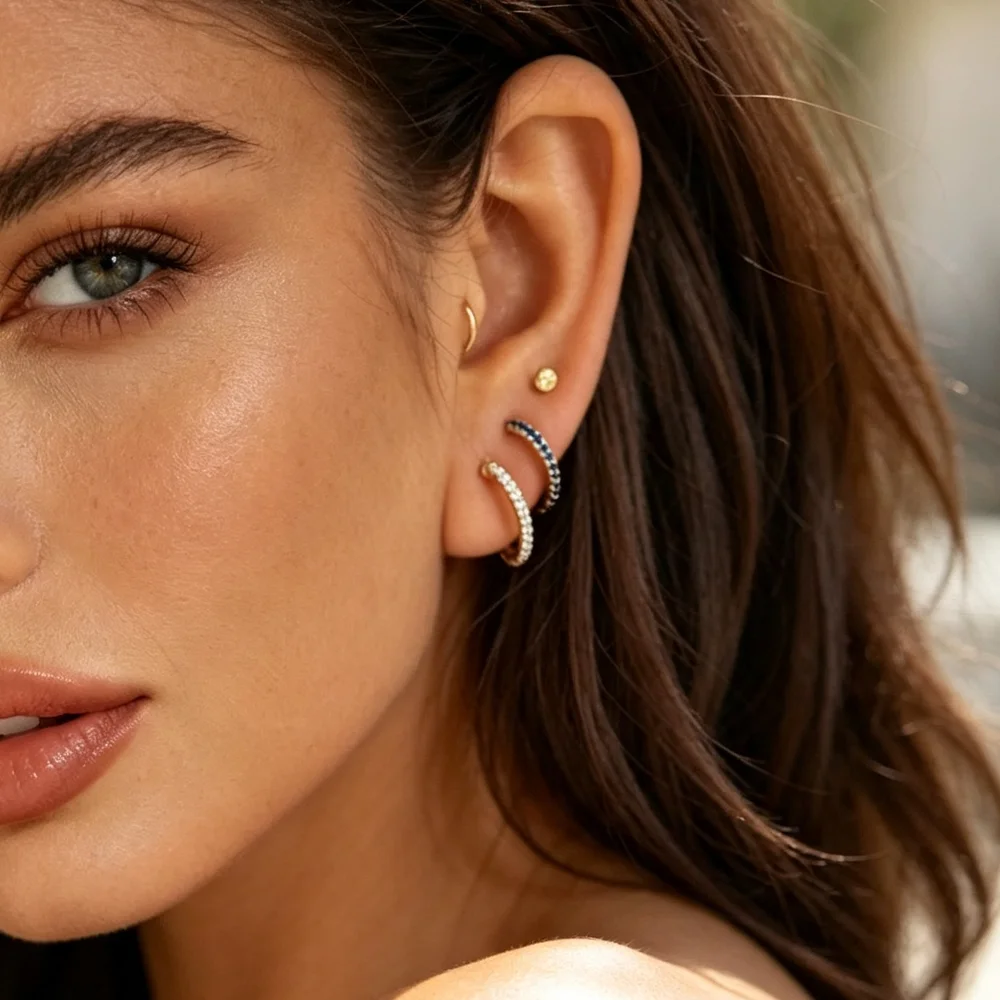 Women C‑Shape Huggie Hoop Earrings Paved Bling CZ Gold Plated Stud Earrings Fashion Daily Jewelry