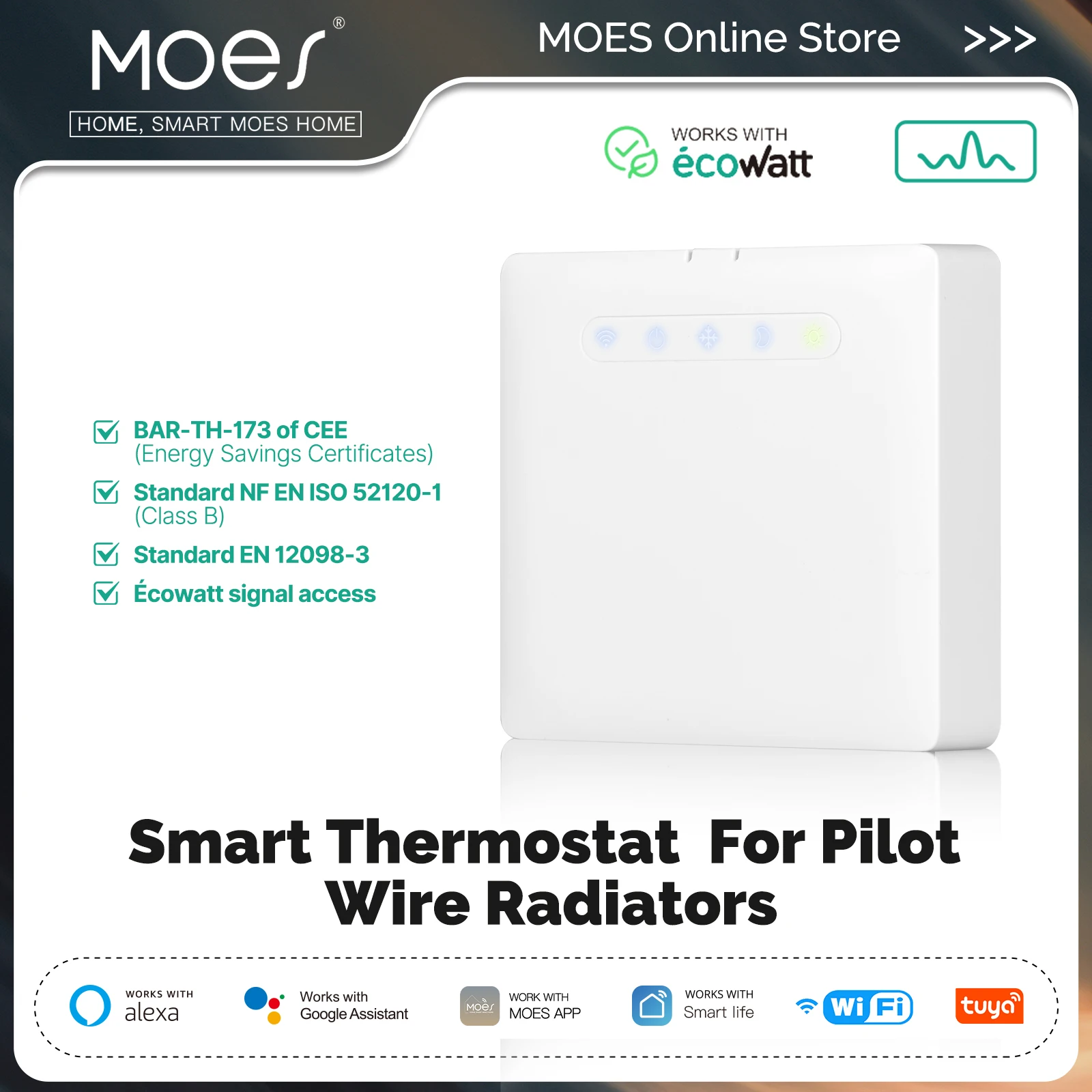 Termostato intelligente Wifi per supporto radiatore riscaldamento filo pilota Ecowatt monitoraggio elettricità App telecomando Alexa GoogleHome