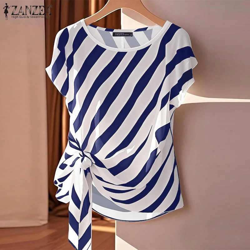 

Летние полосатые блузки ZANZEA 2026: модные женские топы, элегантные офисные рубашки с коротким рукавом, повседневные туники с круглым вырезом для отпуска