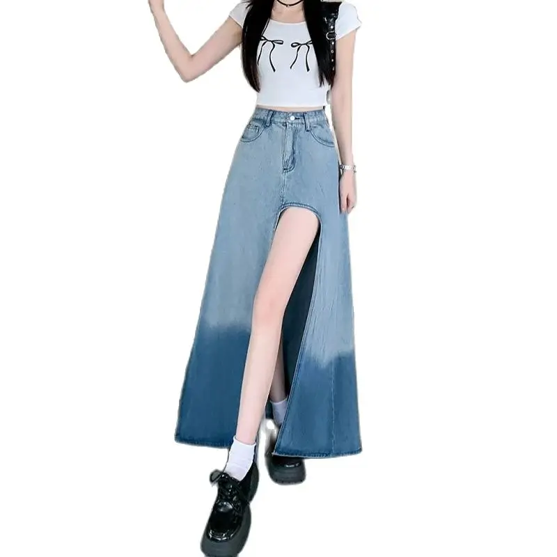 

Women's Blue A-line Denim Skirt with Slit Aesthetic Vintage Y2k Jean Skirts Harajuku Korean Long Skirt 2000s Clothes Summer 2024