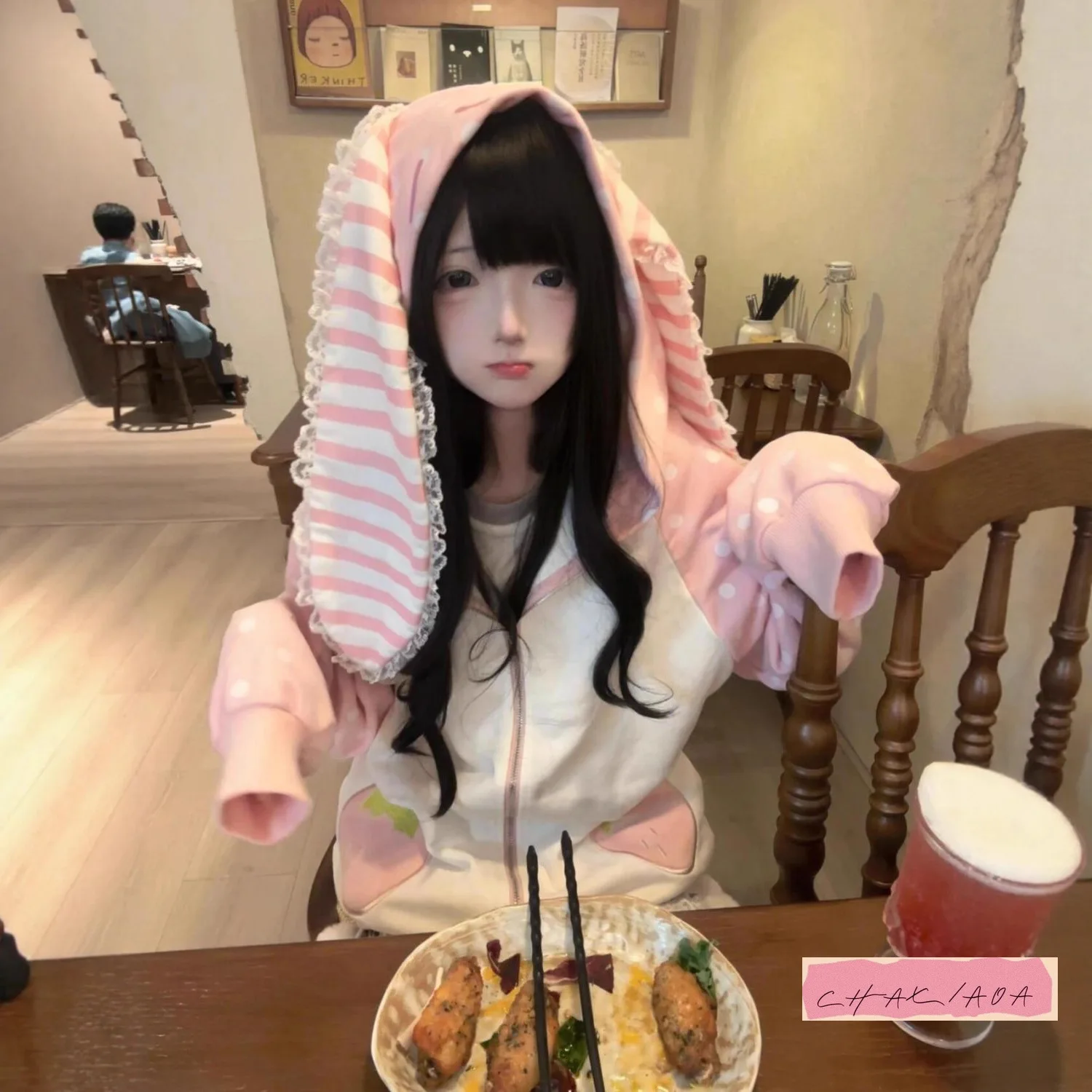 레이스 패치워크 물방울 무늬 루즈 캐주얼 두꺼운 스웨터 재킷 후드 딸기 토끼 귀 귀여운 핑크 겨울 하라주쿠 Y2K 여성용