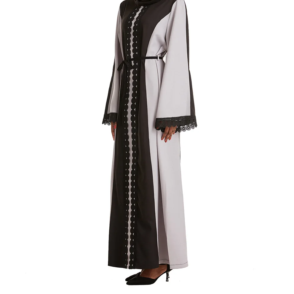 

Middle Eastern Women's Long Sleeve Round Neck Lace Robe, (Abaya) Dubai Turkish Ladies Loose Muslim Long Dress Robes with Belt
