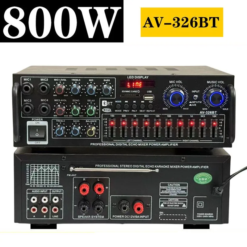 High Power Bluetooth 5.3 Audio Amplifier AT 326BT Balance Control 220V For Home Vehicle Outdoor Party Square Dance