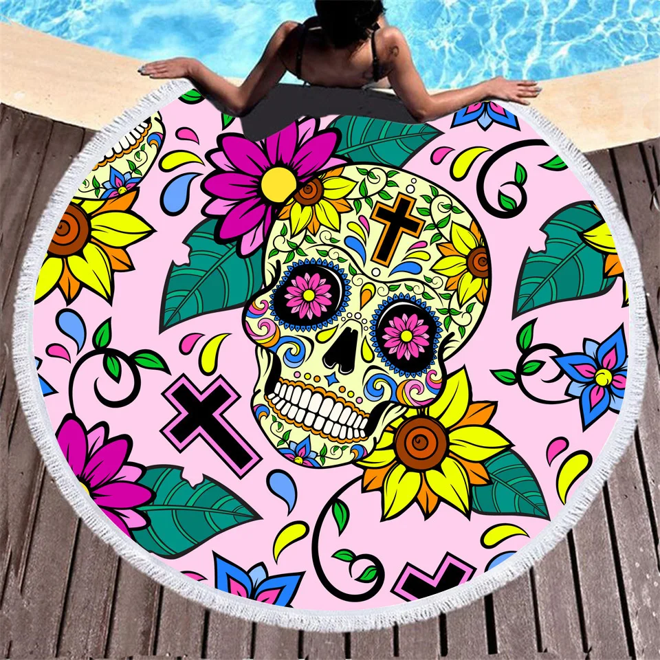 Beach thick round 3d sugar skull printed beach towel fabric quick dry towel compression towel tapestry yoga mat