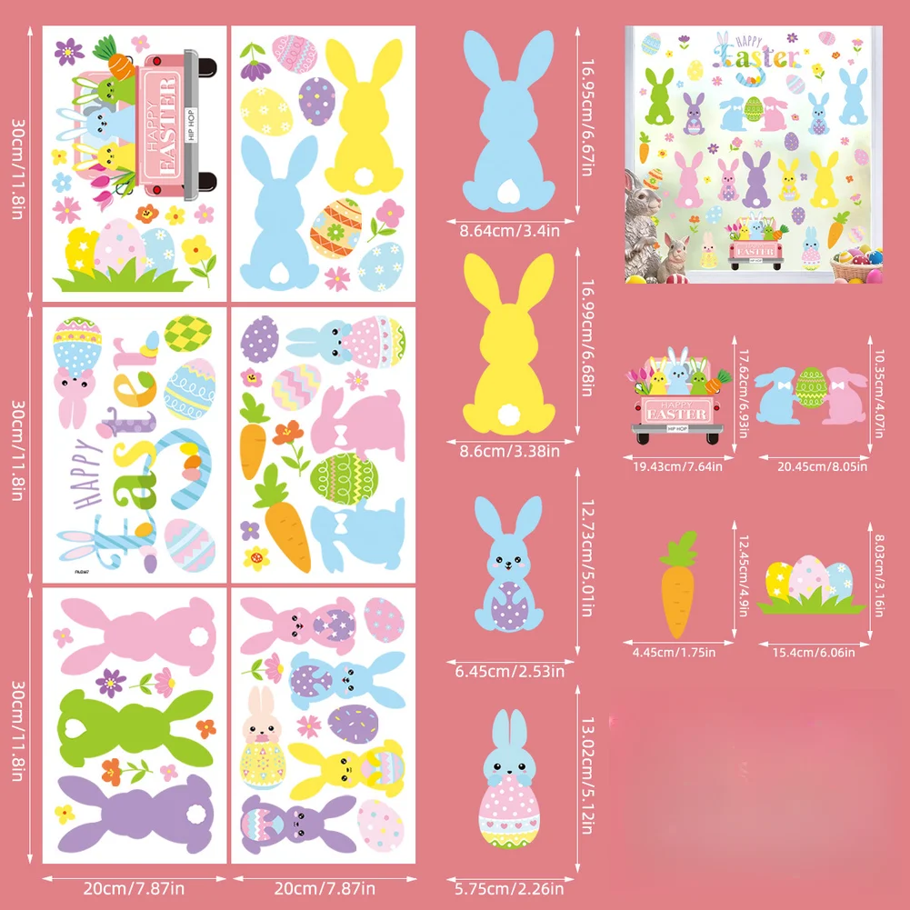 6 Colorful Easter Bunny Static Clings for Windows 20x30cm Window Stickers Electrostatic Film Double Sided Print