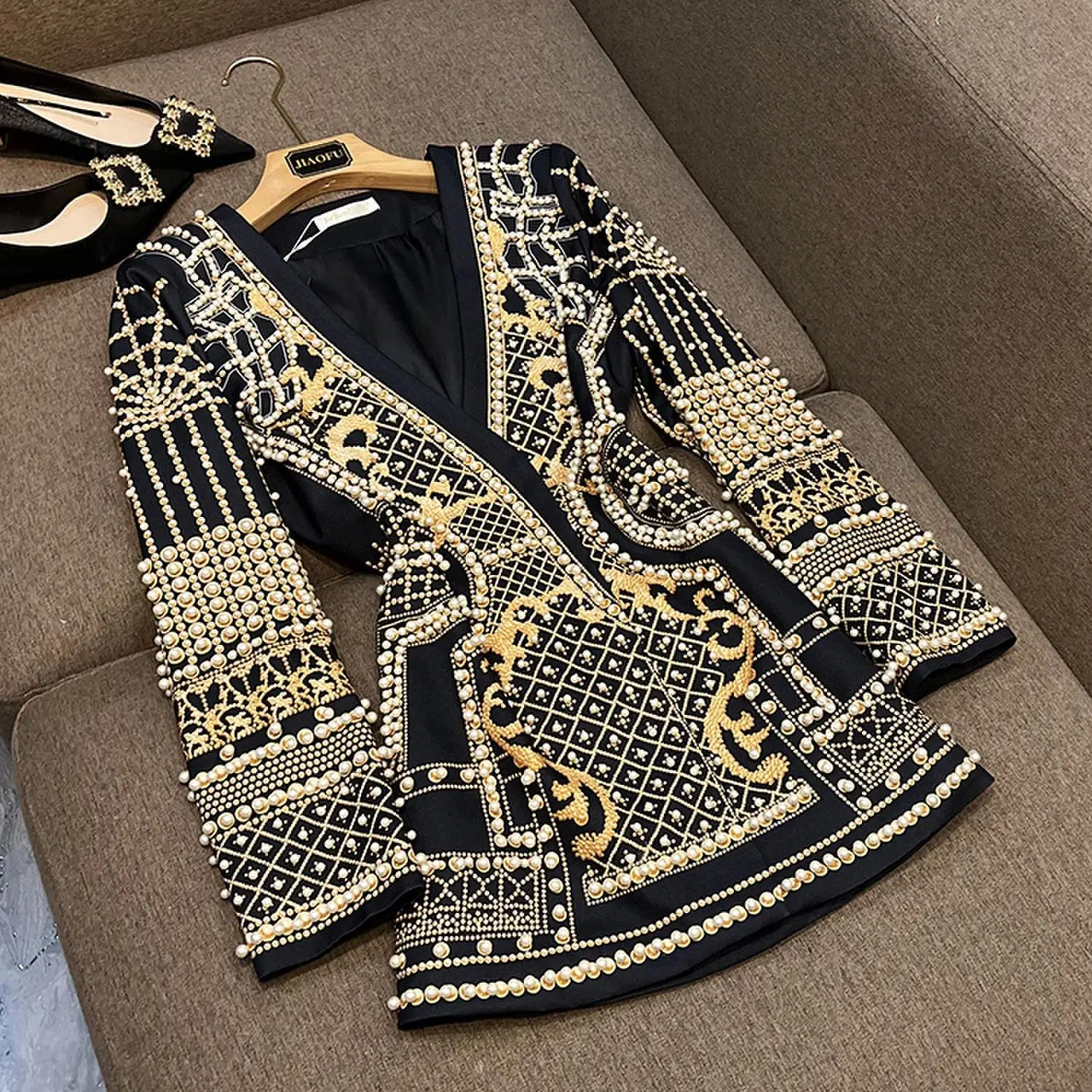 Large Size Fine Workmanship Luxury Beads Women Coat Retro Printed V-neckline Hidden Snap Ladys Fall Winter Blazer