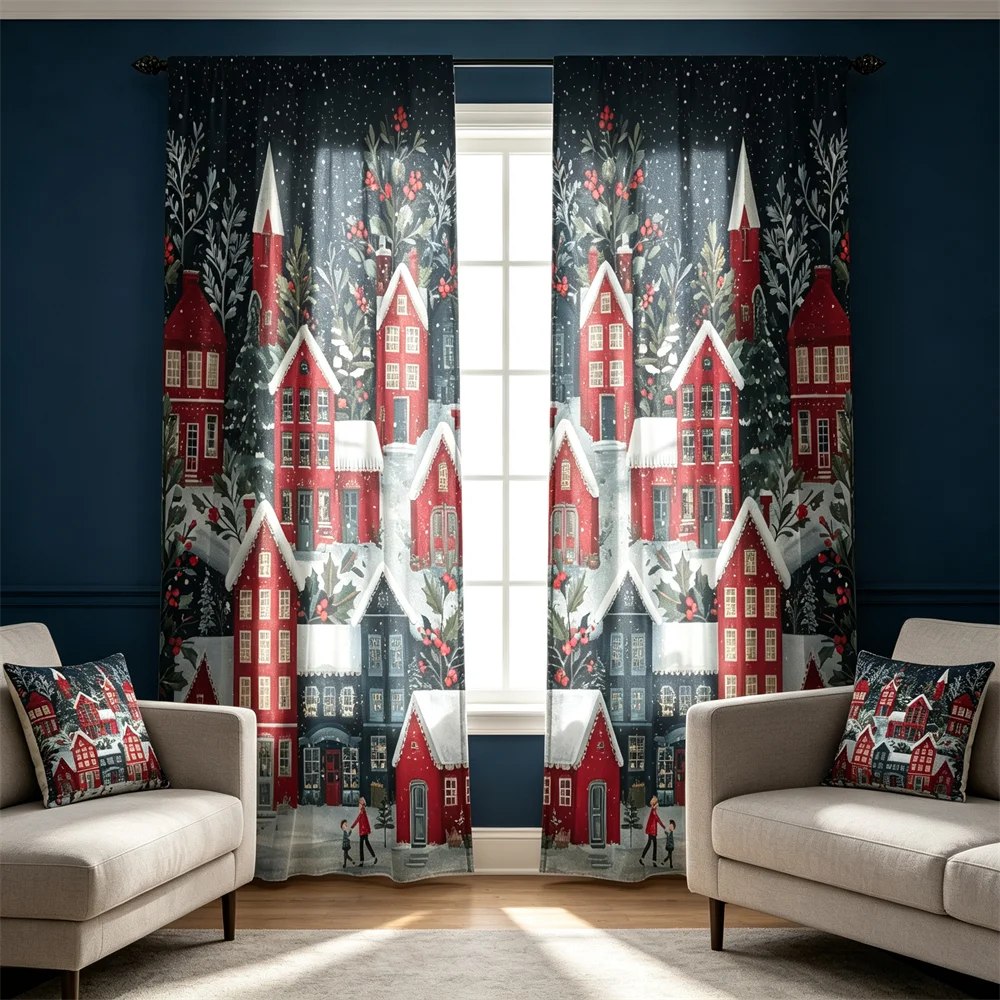 2PCS Christmas Curtains, Snowy town with red houses Print, Bedroom Living Room Window Drapes, Rod Pocket Polyester, Home Decor