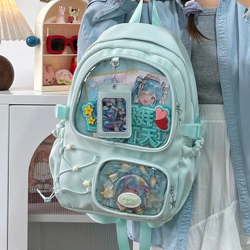 Ita Bag for Girls Anime Transparent Pocket Itabag Large Capacity Backpack Cartoon Print School Gift Pink Green Blue White Nylon