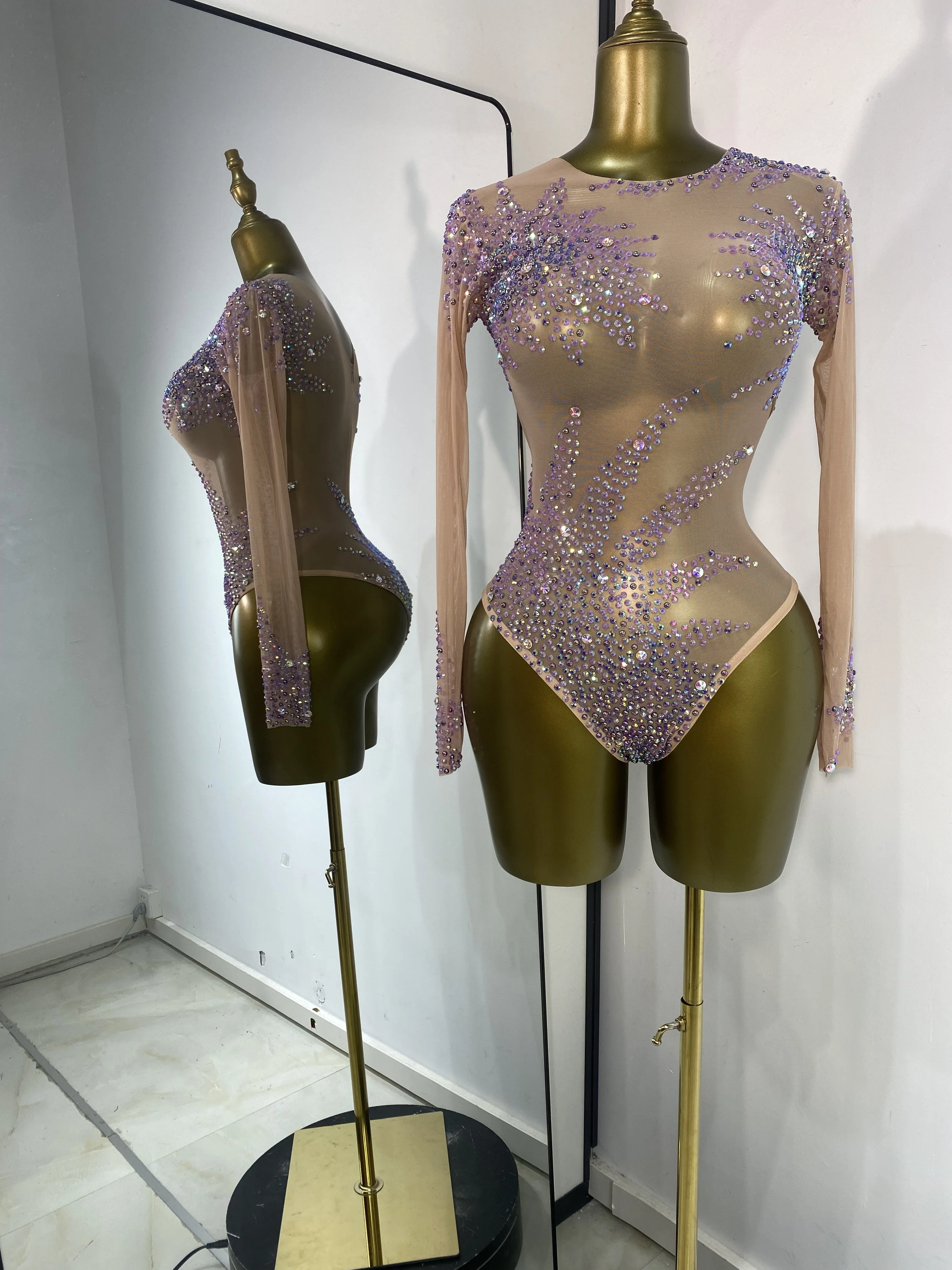 

Women Luxury Sparkly Rhinestones Mesh Bodysuit Special Occassion Evening Club Party Musical Festival Singer Dancer Stage Costume