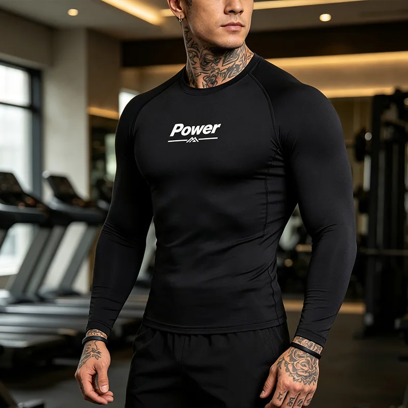 Men's brand print compression shirt Long Sleeve Quick Dry Gym Fitness Running Athletic Muscle Training Sports Top-J32
