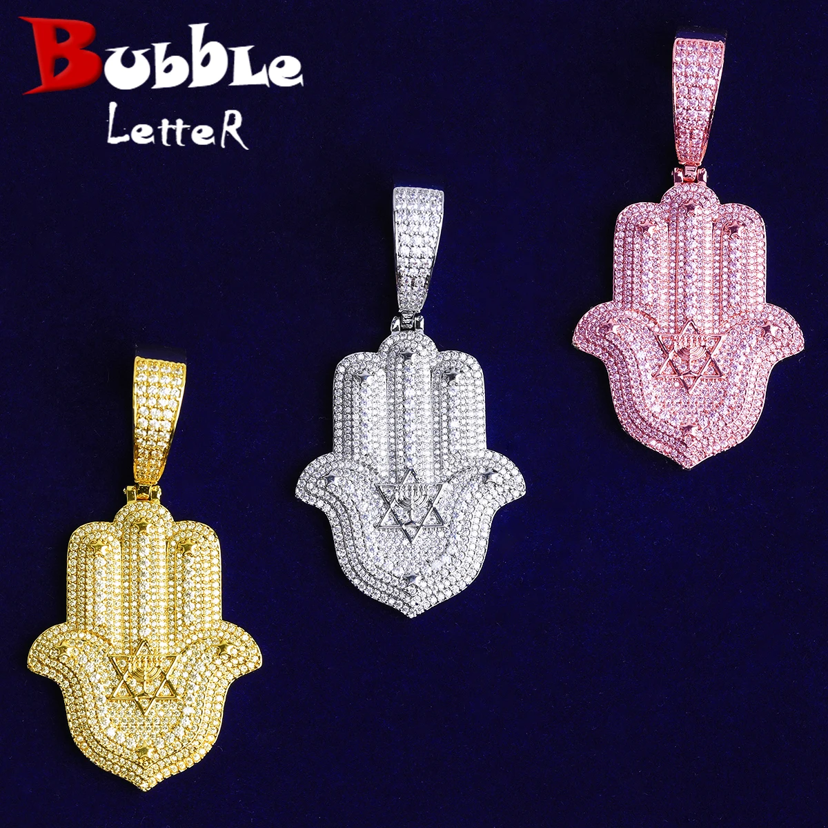 Bubble Letter Iced Out Halma Hand David of Star Necklace Pendant for Men Real Gold Plated 5A Cubic Zirconia Hip Hop Jewelry