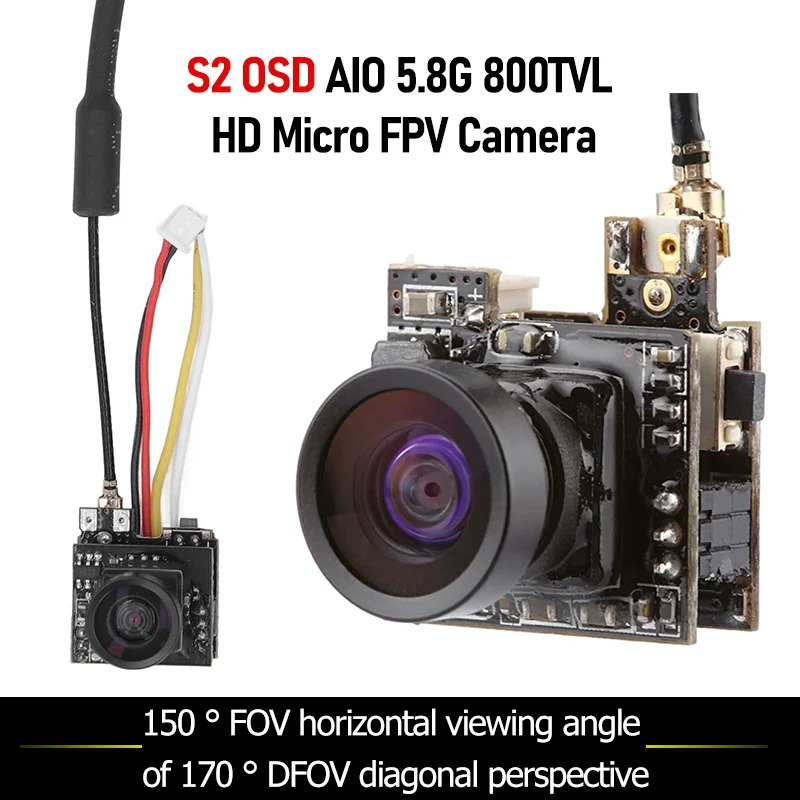 S2 OSD AIO 5.8G 40CH 800TVL HD Micro FPV Camera 150° FOV Horizontal 170° DFOV Diagonal Viewing Angle For RC Model Drone Car