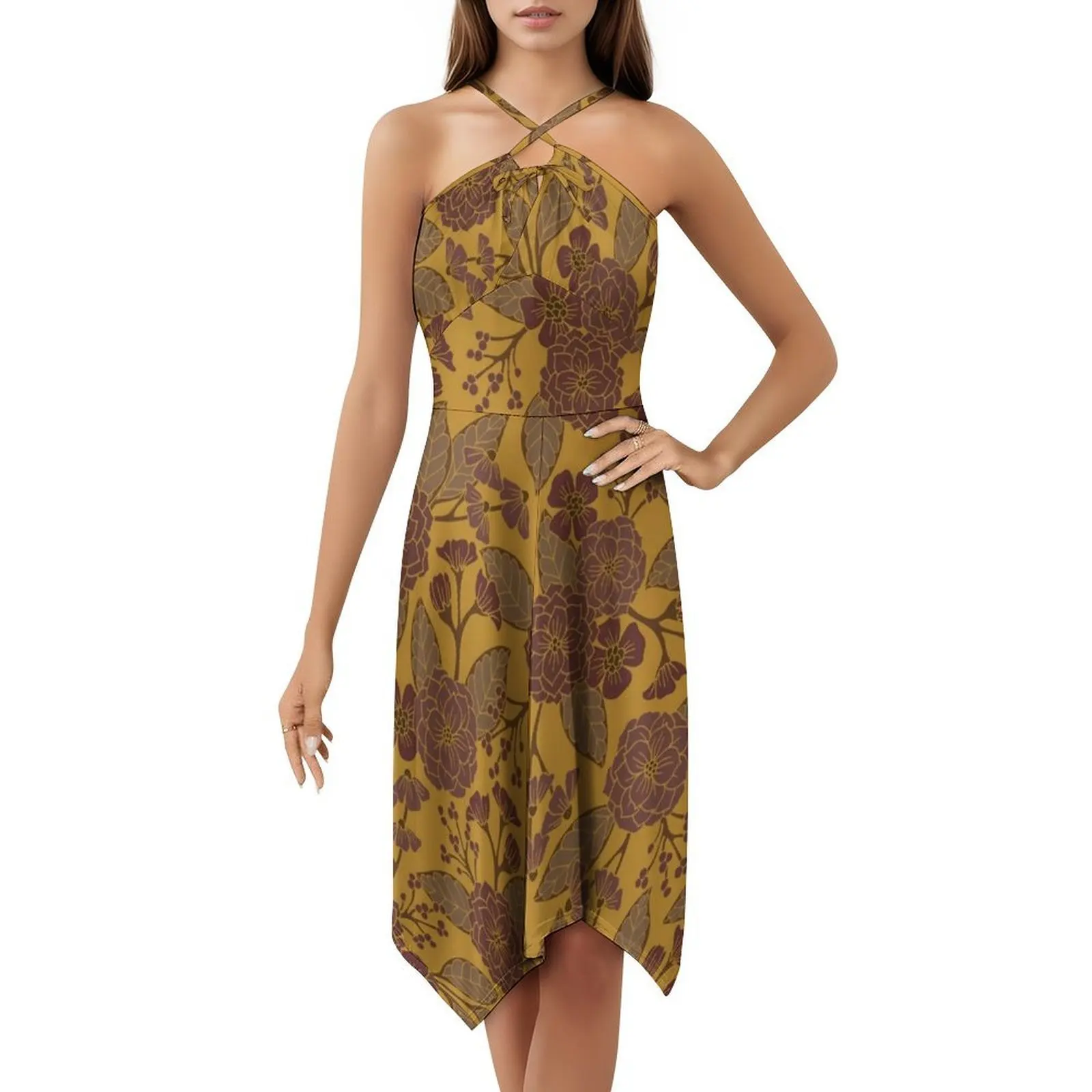 الخردل الأصفر والبنفسجي نمط الأزهار البوهيمي بلا أكمام فستان متعدد الطباعة شاطئ عطلة فستان الحفلات أصفر الخردل البني