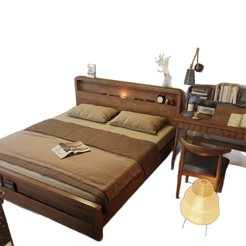 

Nordic solid wood bed walnut modern simple air pressure storage.. meters double bed master bedroom furniture