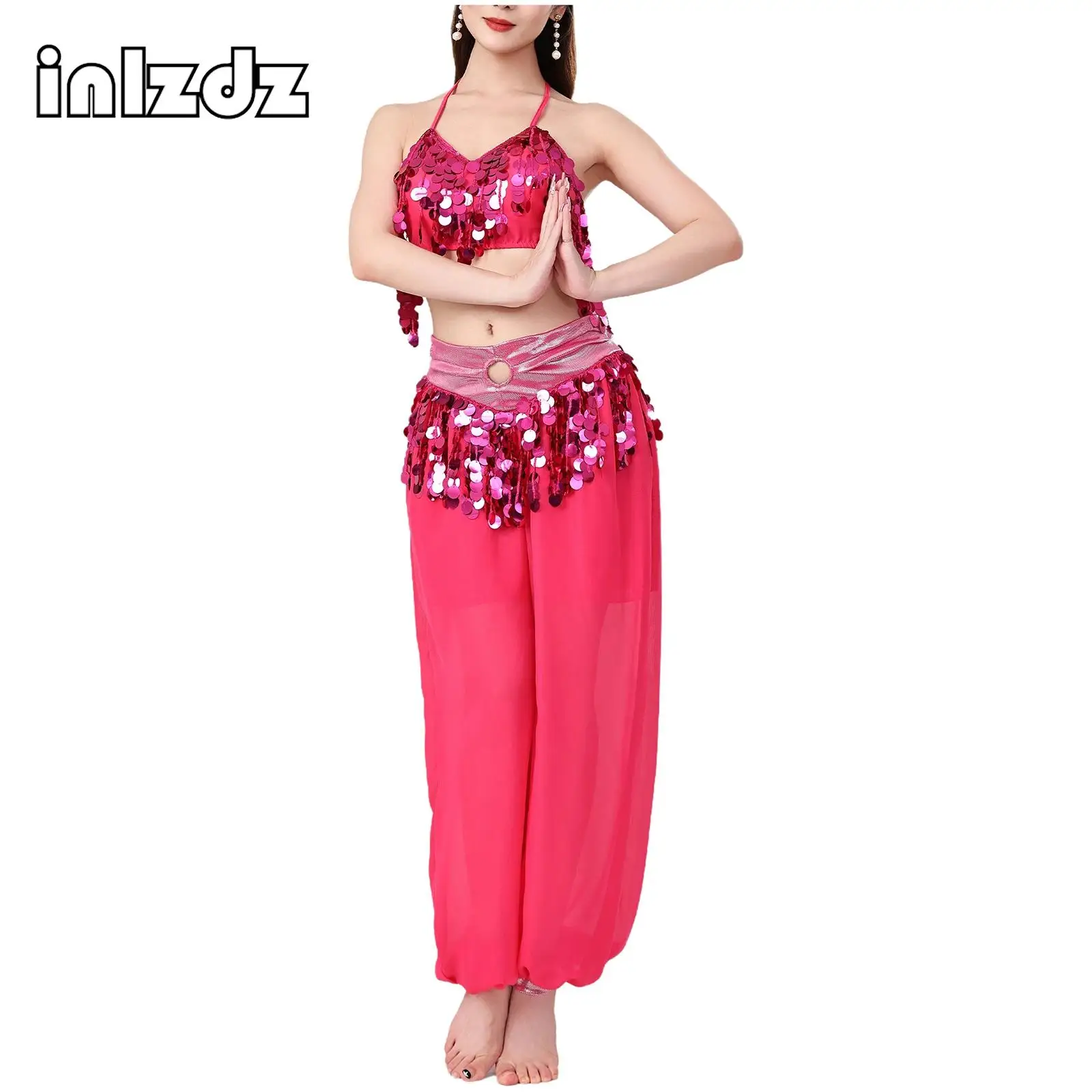 

Belly Dance Sequin Tassel Outfits for Womens Lace-up Crop Top And High Waist Chiffon Lantern Long Pants 2-piece Performance Set