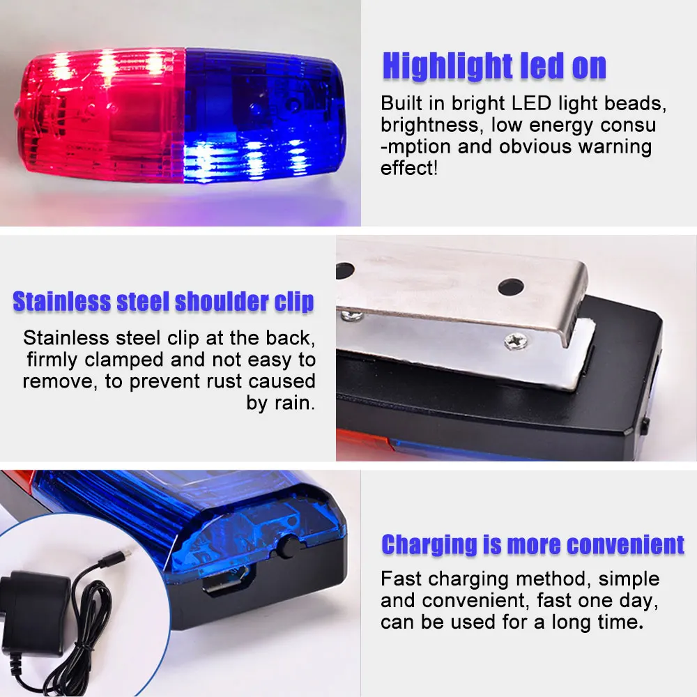 Red&Blue LED Strobe Warning Light USB Emergency Police Light Safety Caution Patrol Alarm Flashing Signal Shoulder Clip Work Lamp