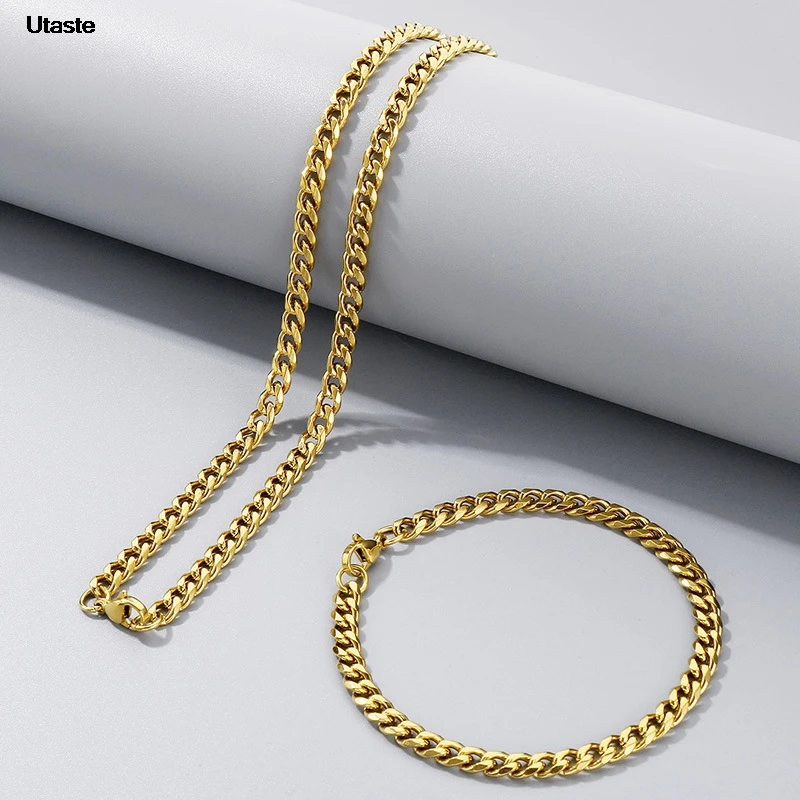 Cuban Chain Necklace for Men Women,Basic Punk Stainless Steel Curb Link Chain Chokers,Vintage Gold Color Solid Metal Collar