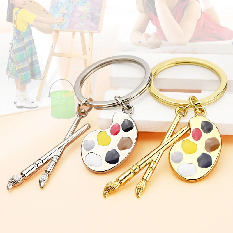 New Painter Palette Enamel Keychain Fashion Brush Artist Key Ring Women Bag Pendant Handmade Art Course Souvenir Jewelry Gift