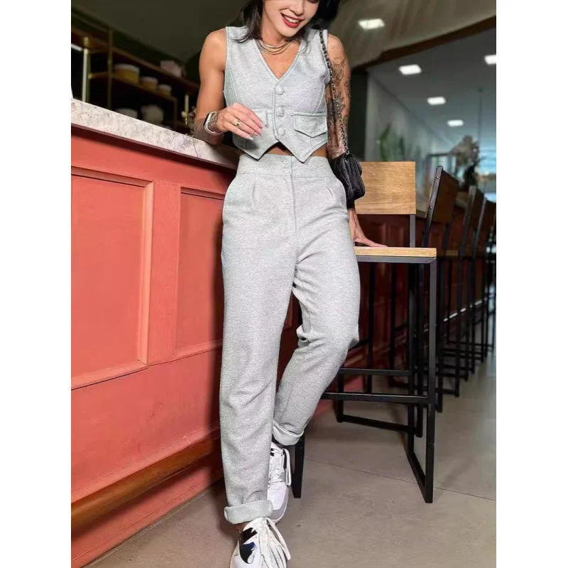 2024New Amazon Cross-Border Women's Clothing Temperament Pure Color Sleeveless Vest Suit Casual Pants Two-Piece Set