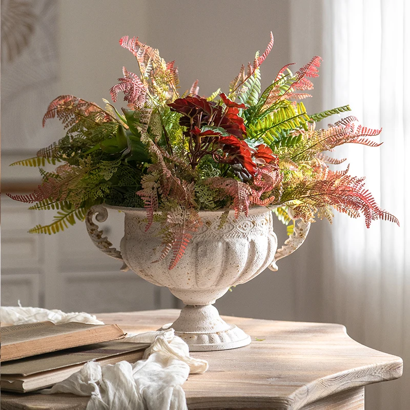 Vintage Trophy Cup Planter Pot, Distressed White Iron Flower Vase, 34.5x30x21.5cm, 0.88kg