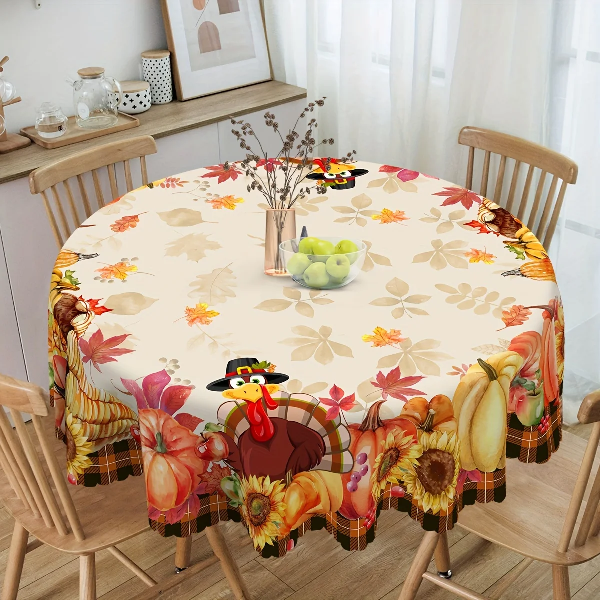 1 item, Thanksgiving tablecloth, orange maple leaf pumpkin turkey round tablecloth, autumn decorationzyc