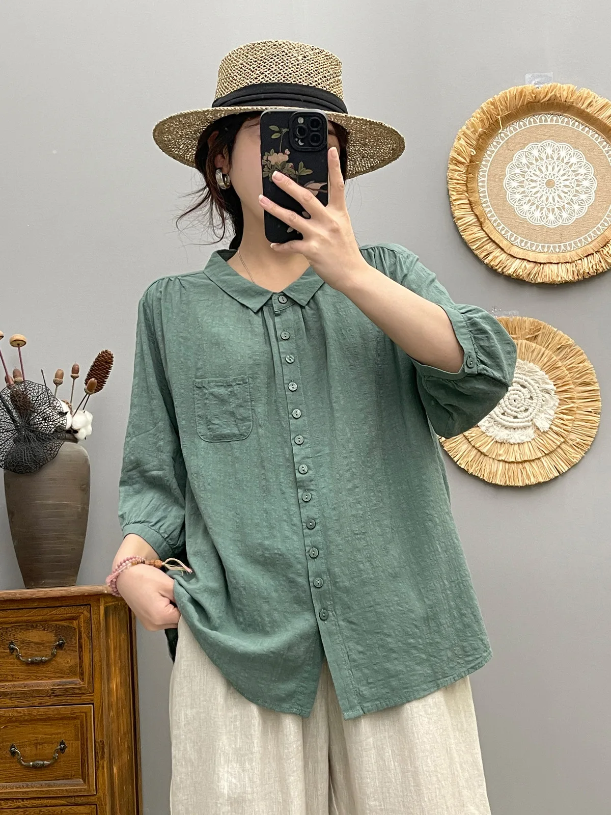 2025 Clean Color Pocket Small Pointed Collar Cotton Yarn Trouser Sleeve Shirt for Women in Summer New Loose Slim Top