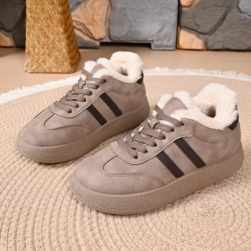 Women's Winter Thickened Warm Casual Sneakers Fleece Lined Thick Bottom Lace-Up Bread Shoes Dequan Shoes round Toe Low Top