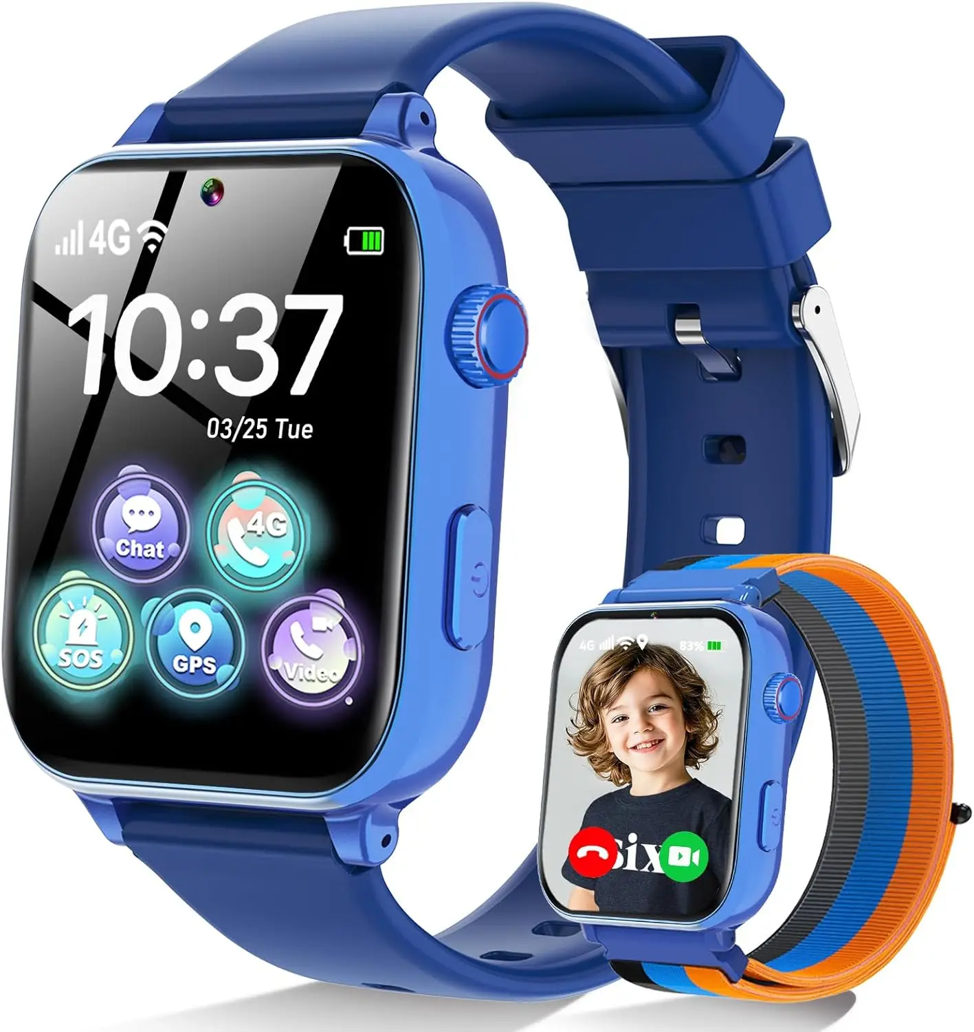 

Детские умные часы 4G для мальчиков и девочек 4-12 лет с GPS, SOS, видеозвонками, играми, камерой, будильником - синие