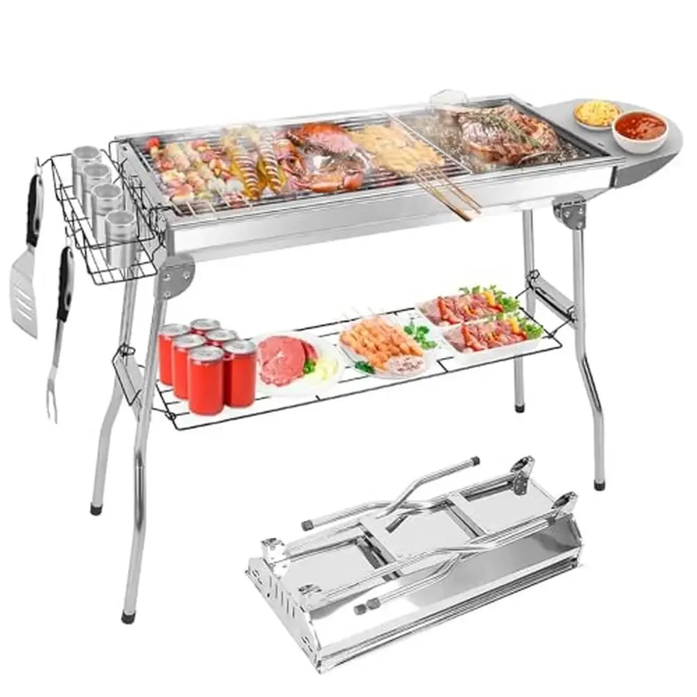 

Portable Folding Large Charcoal BBQ Grill with Flavoring Basket Stainless Steel Shelf Easy Assembly & Transport 260lbs Capacity