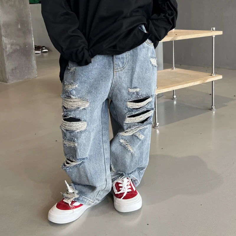 

2023 Spring Kids Trousers Boys Fashion Ripped Jeans Baby Girls Loose Casual Denim Pant