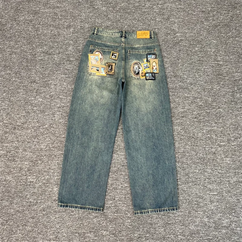 

Winter Loose Washed Blue Oil Painting Embroidered Derschutze Denim Leg Jeans Trousers Men Women Vintage Joggers Pants