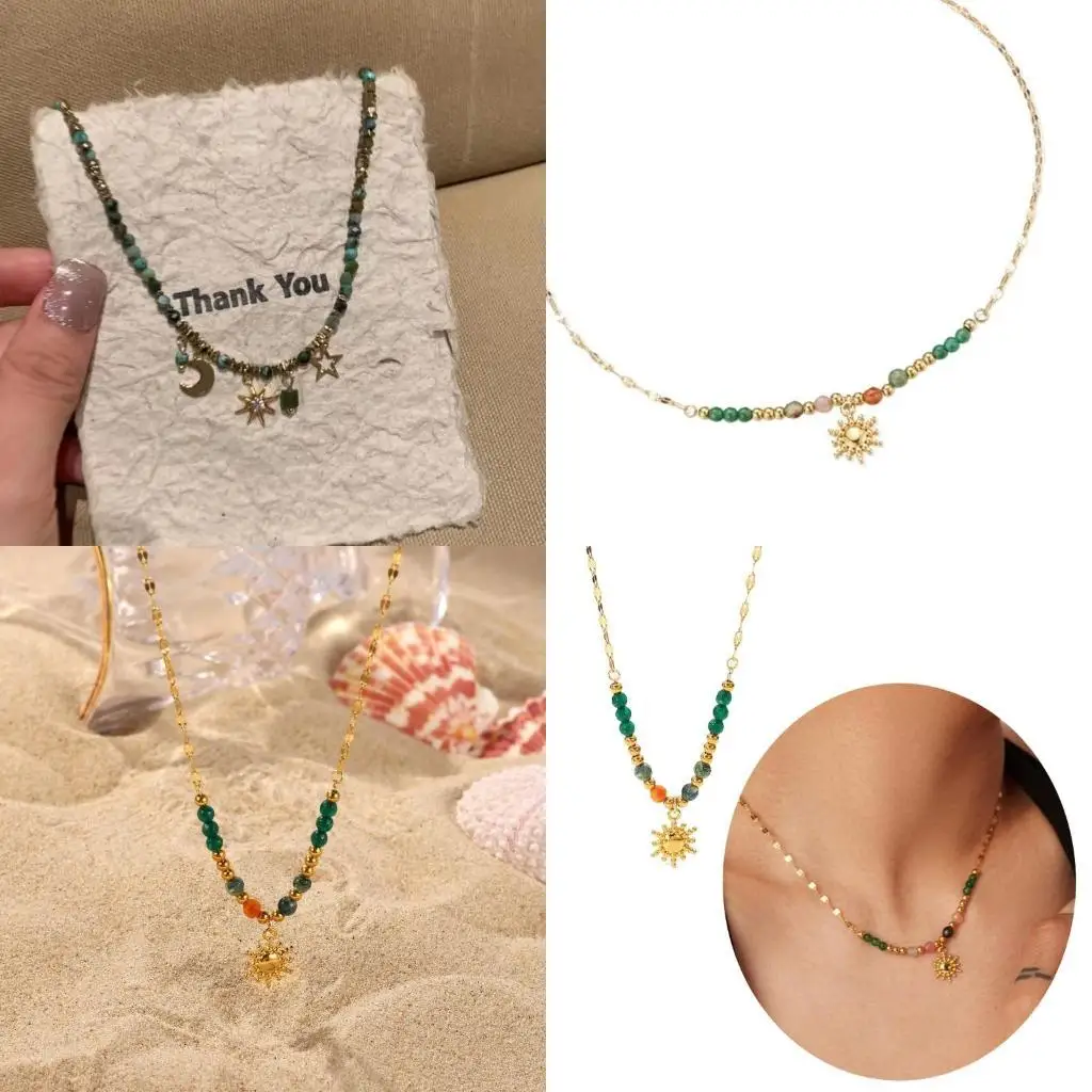 

A52E Stylish Pendant Necklace Colorful Beads Necklace Adjustable Neck Chain