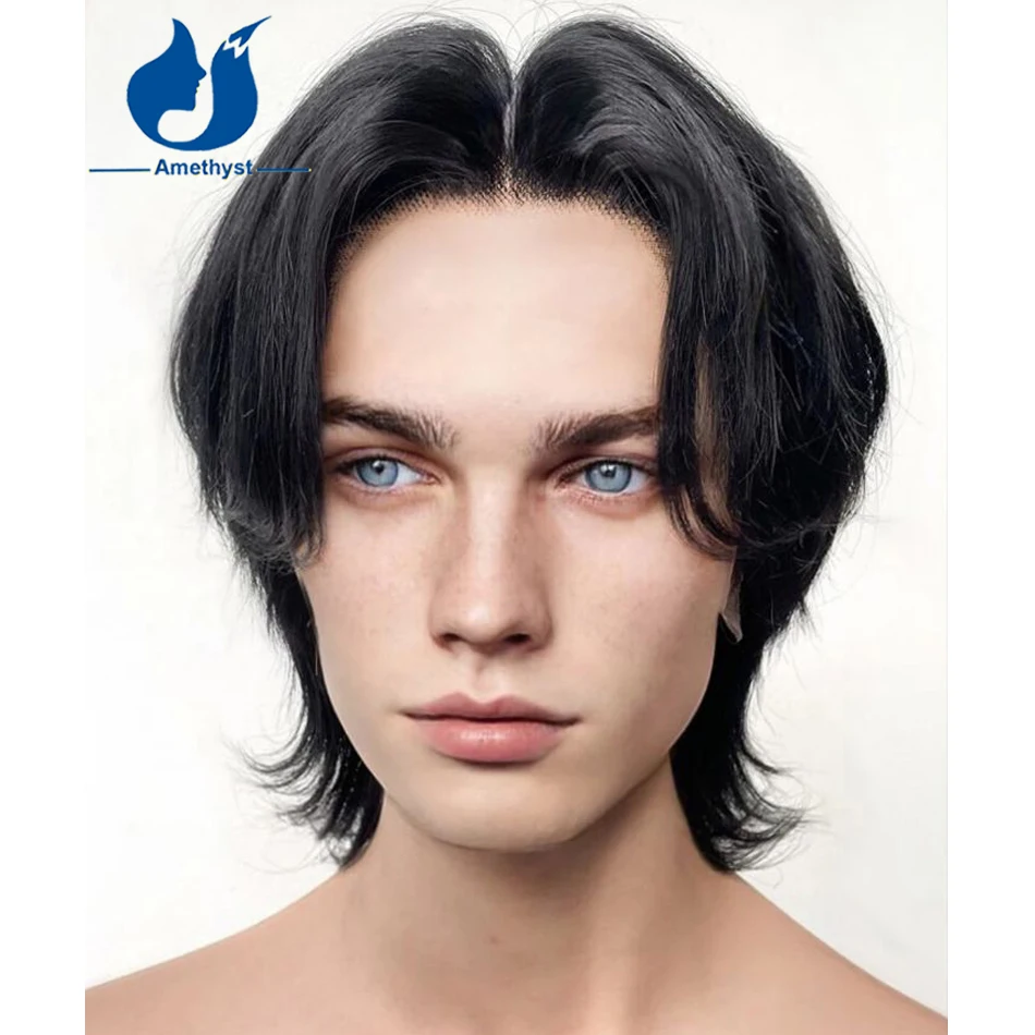 

Многослойный мужской парик с аметистом, натуральный черный кружевной передний парик из натуральных волос, средняя часть, бразильский парик Remy с челкой на занавеске для мужчин