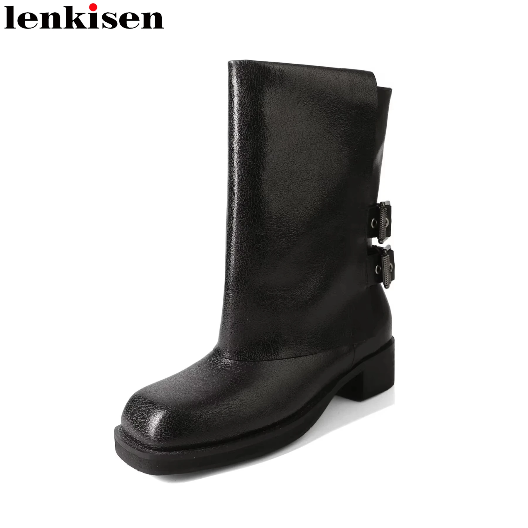 Lenkisen Superstar Cow Leather Chunky Med Heels Modern Boots Casual Winter Autumn Brand Party Runway Vacation Women Ankle Boots