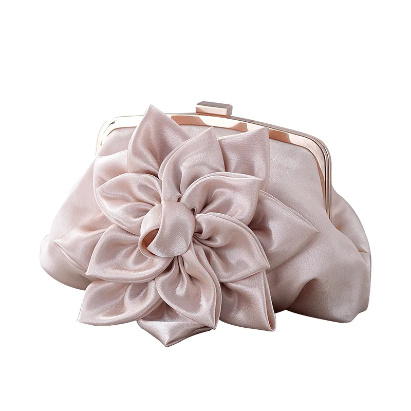 Simple White Satin Flower Handbags Wedding Party Bridal Clutches Dinner Banquet Evening Bags For Women Chain Shoulder Bag Purses