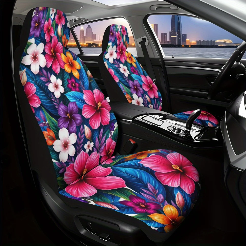 

2pcs Trendy Tropical Floral Leaves Print Front Seat Covers | Durable, Washable, Universal Fit, Polyester, Perfect For Holiday Gi