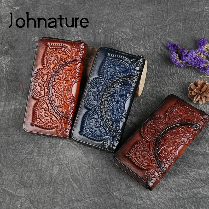 Johnature Retro Women Wallet Long Hand Bag 2024 New Nature Cow Leather Handmade Embossed Floral Phone Purse Card Holder