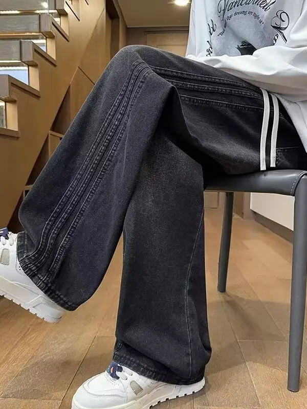 

Spring Autumn Jeans for Teenage Boys High Waist Casual Straight Leg Trousers Wear Resistant Men's Loose Fit Pure Color