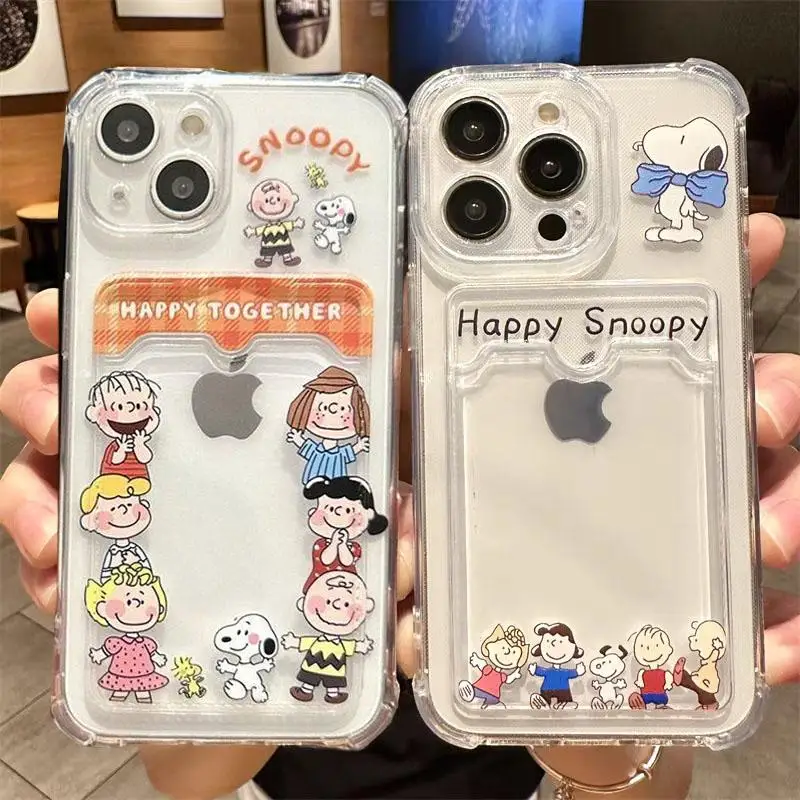 귀여운 스누피 애니메이션 만화 카드 슬롯 가방 홀더 케이스 삼성 갤럭시 S24 울트라 S22 S23 플러스 S21 울트라 S23 S20 FE 클리어 커버