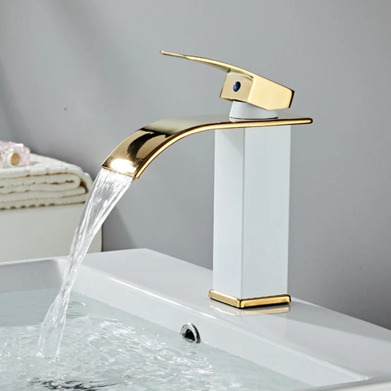 Bathroom Basin Faucet Waterfall Bathroom Mixer Tap Solid Brass LED Sink Faucet White Single Handle Deck Mounted Toilet Mixer Tap